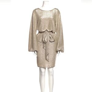 Alexis Silver Metallic Bateau Neckline Blouson Dress with Balloon Sleeves. EUC!